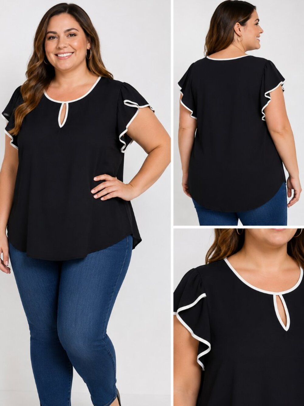 NWT Torrid Black White Contrast Trim Keyhole Blouse Size 4 (4X) Flutter Sleeve